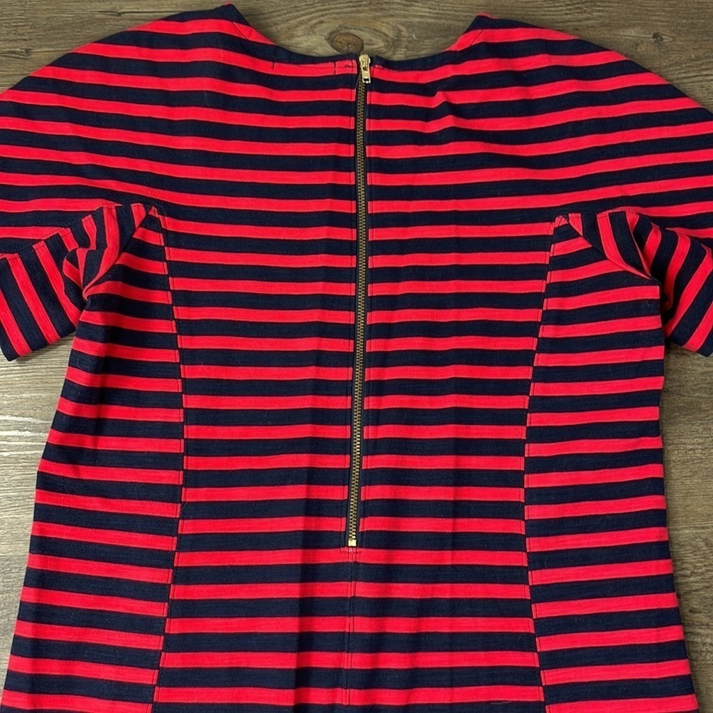 J. Crew Women’s Navy Blue Red Striped Short Sleeve Dress, gold zipper detail, XS - Picture 9 of 9